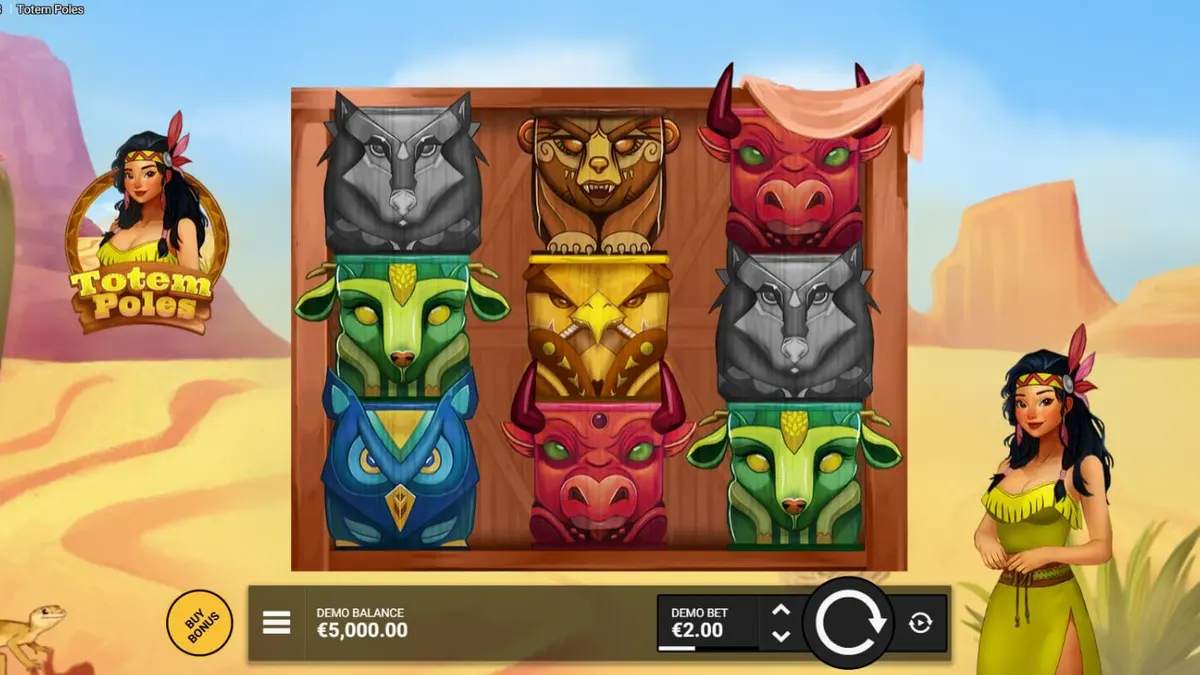 Totem Poles slot machine interface showing indigenous art symbols and bonus features